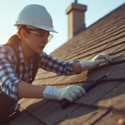 _A construction worker repairing a sloped roof, safety equipment, sunny day_20250827_020855_۰۰۰۰